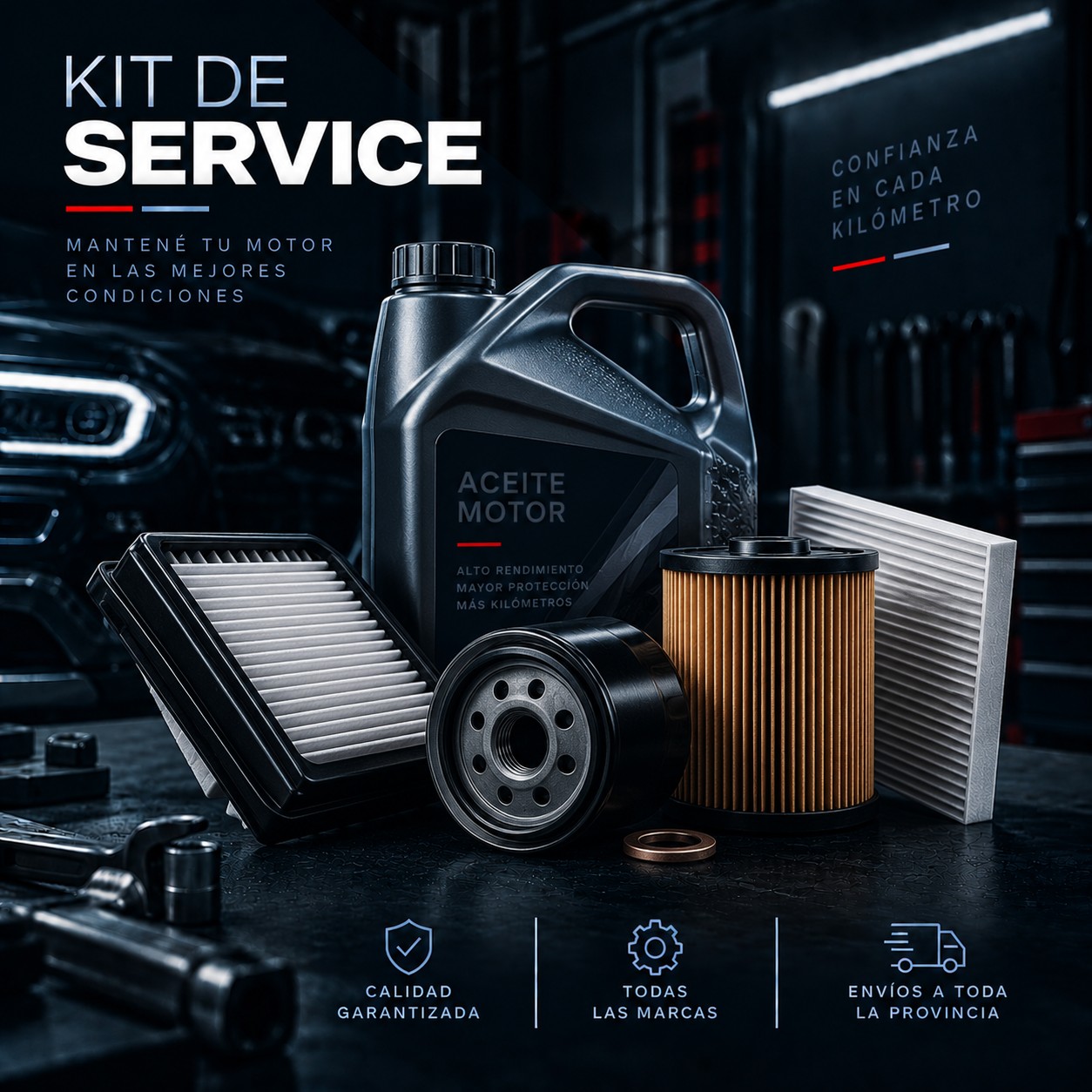 Kit de Service: mantené tu motor en las mejores condiciones -- aceite de motor y filtros según especificación de tu vehículo.